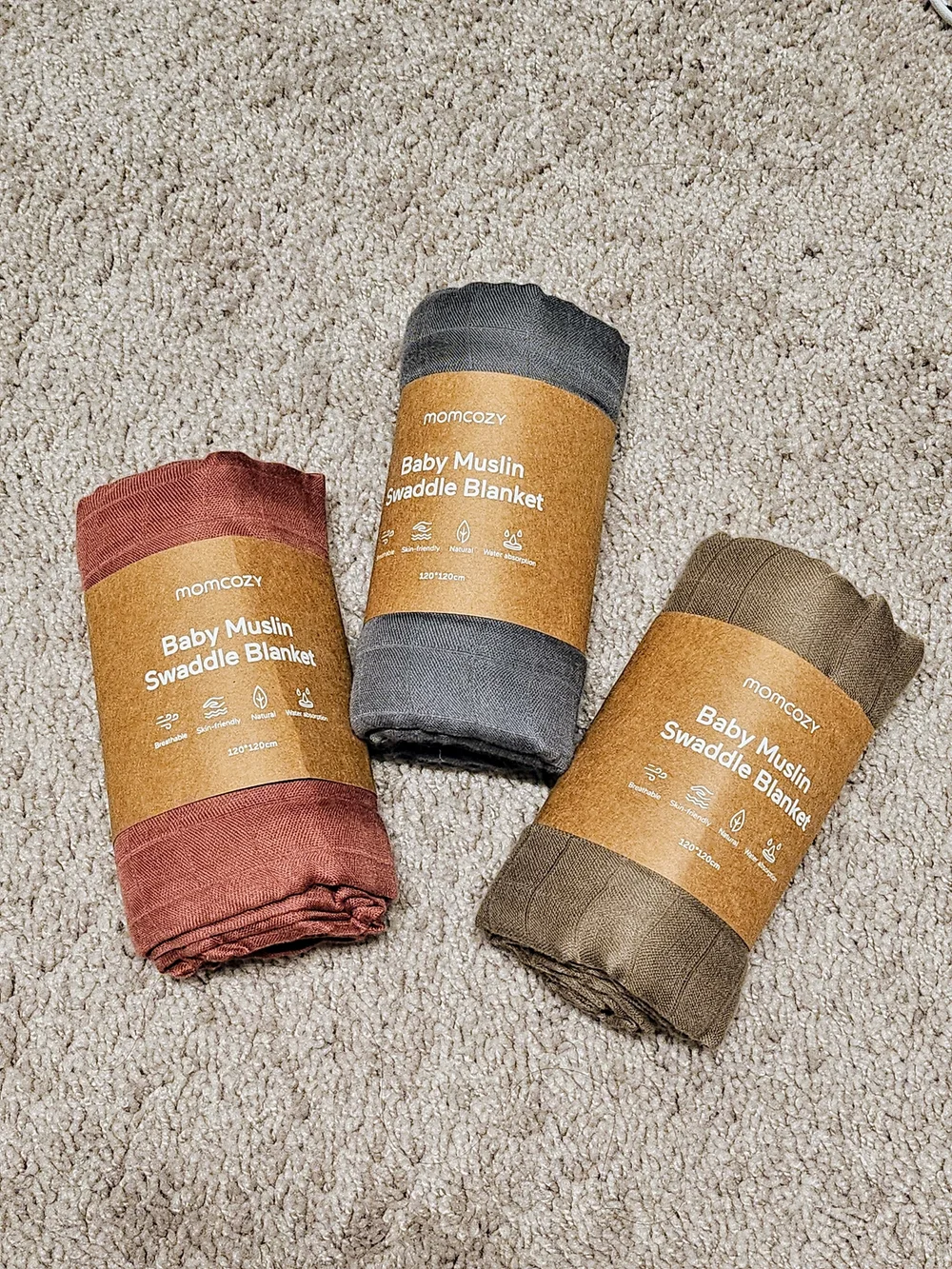 NEW Momcozy Baby Muslin Swaddle Blanket Set — Rust, Slate, Olive